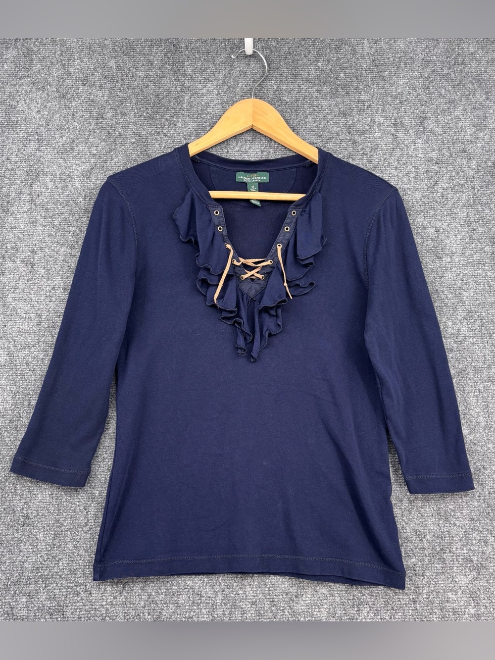 VTG Y2K Preppy Boho Lauren Ralph Lauren Blue Ruffle Top Women’s M 100% Cotton
